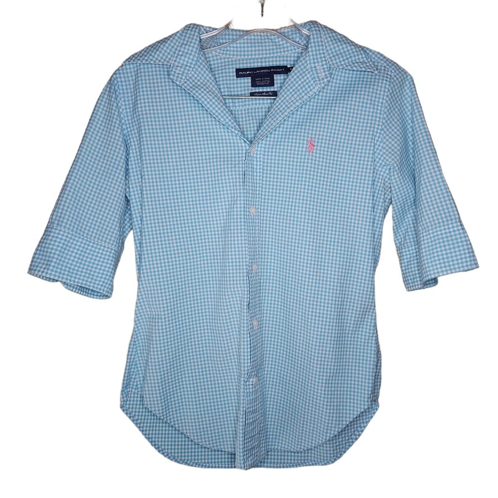 Ralph Lauren Sport Women's Button Down Shirt Super Slim Fit Blue Gingham Size 4